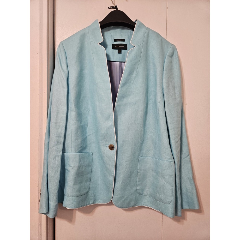 Talbots Aberdeen Light Blue Linen Blazer Stand Collar with White Piping. Size 16